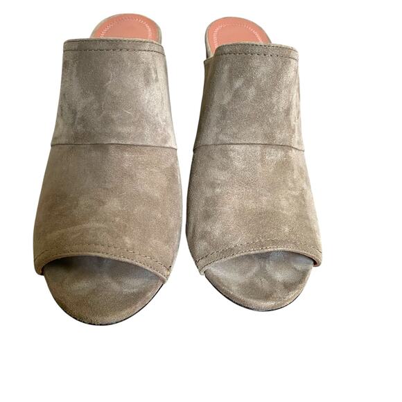 Bally Chiton Suede Cork Heeled Mules Fit Sz 6.5 Taupe Open Toe New w/ Small Flaw - Picture 5 of 12
